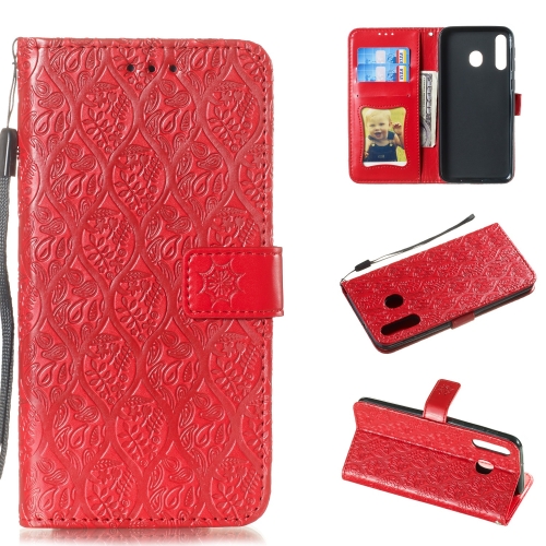 

Pressed Printing Rattan Flower Pattern Horizontal Flip PU Leather Case for Galaxy M30, with Holder & Card Slots & Wallet & Photo Frame (Red)