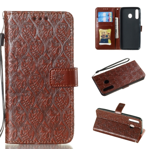 

Pressed Printing Rattan Flower Pattern Horizontal Flip PU Leather Case for Galaxy M30, with Holder & Card Slots & Wallet & Photo Frame (Brown)