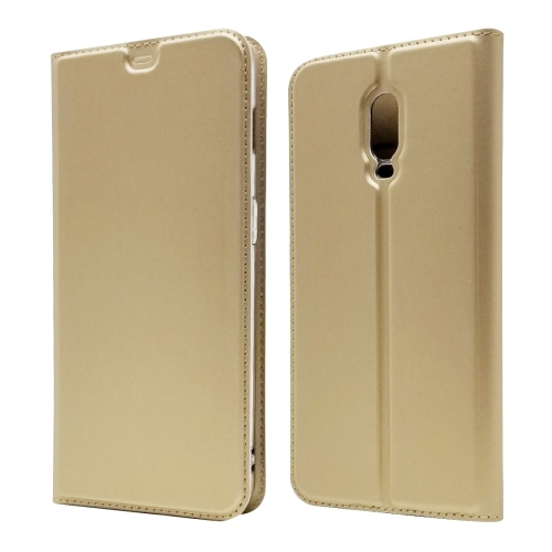 

Electric Pressed Plain Texture Ultra-thin Magnetic Suction TPU + PU Leather Case for OnePlus 6T, with Holder & Card Slot (Gold)