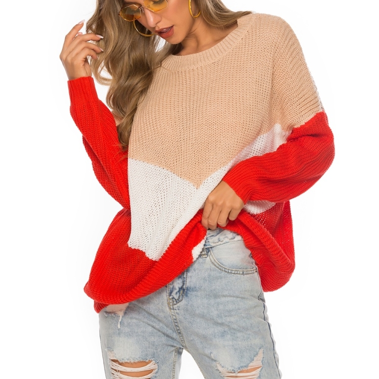 

Hinged Knit Net Stitching Loose Sweater Round Neck Bottoming Shirt for Women (Color:Red Size:S)