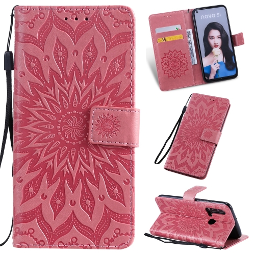

Pressed Printing Sunflower Pattern Horizontal Flip PU Leather Case for Huawei Nova 5i / P20 Lite (2019), with Holder & Card Slots & Wallet & Lanyard (Pink)