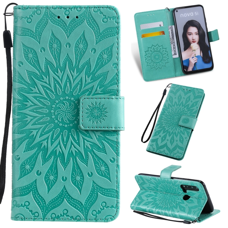

Pressed Printing Sunflower Pattern Horizontal Flip PU Leather Case for Huawei Nova 5i / P20 Lite (2019), with Holder & Card Slots & Wallet & Lanyard (Green)