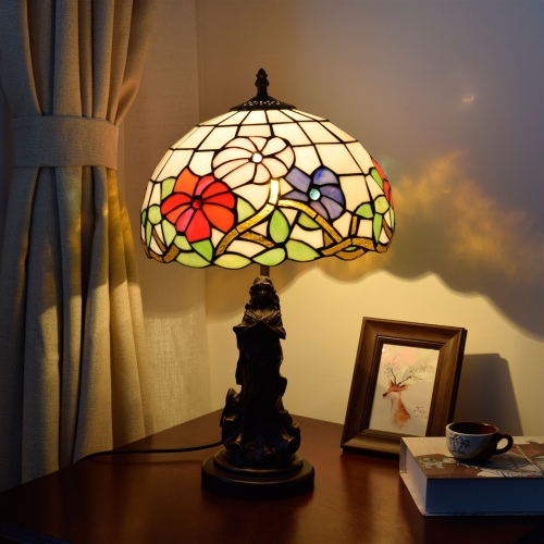 

YWXLight Retro Stained Glass Lampshade Table Lamp Living Room Dining Room Bedroom Bedside Decoration Light (EU Plug)