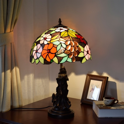 

YWXLight Retro Grape Flower Stained Glass Lampshade Table Lamp Living Room Dining Room Bedroom Bedside Counter Lamp (EU Plug)