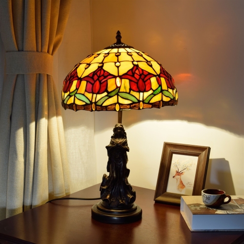 

YWXLight European Retro Tulip Lighting Table Lamp Stained Glass Lampshade Bar Living Room Dining Room Bedroom Bedside Counter Lamp (EU Plug)