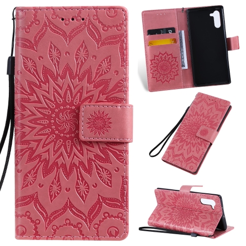 

Pressed Printing Sunflower Pattern Horizontal Flip PU Leather Case for Galaxy Note 10, with Holder & Card Slots & Wallet & Lanyard (Pink)