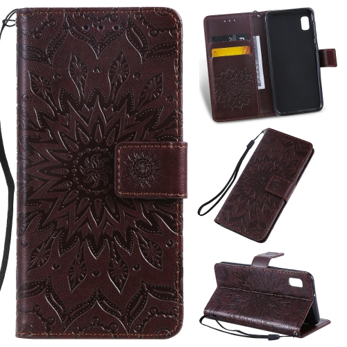 

Pressed Printing Sunflower Pattern Horizontal Flip PU Leather Case for Galaxy A10e, with Holder & Card Slots & Wallet & Lanyard (Brown)