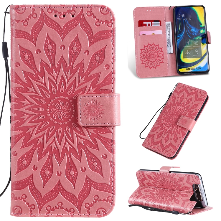 

Pressed Printing Sunflower Pattern Horizontal Flip PU Leather Case for Galaxy A80, with Holder & Card Slots & Wallet & Lanyard (Pink)