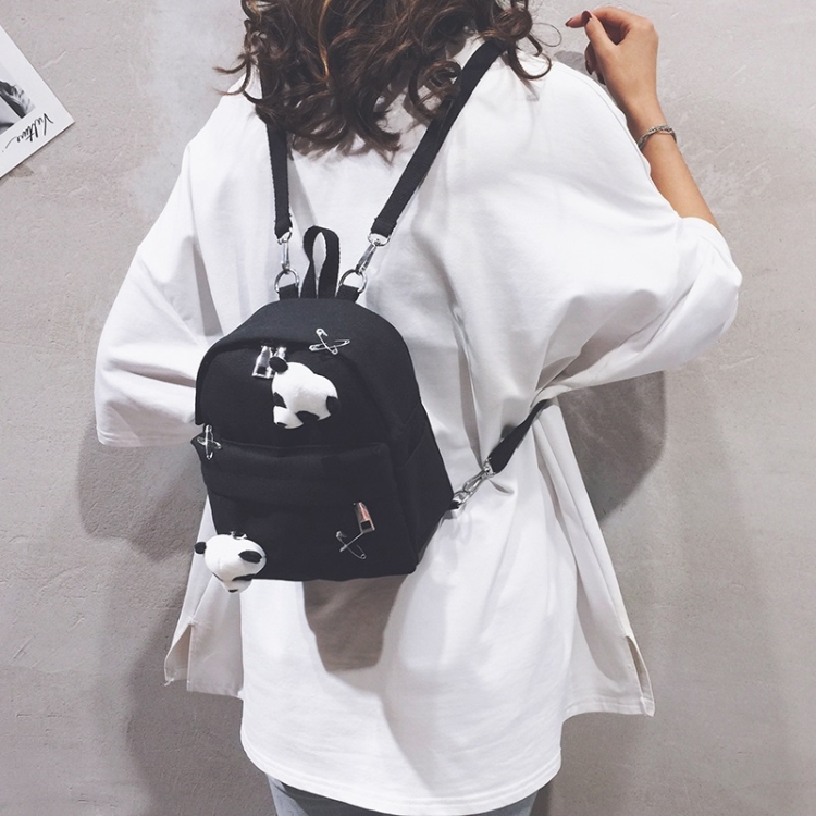 

Mini Fashion Canvas Girl Dual Shoulder Backpack School Bag with Panda Pendant (Color:Black Size:OneSize)