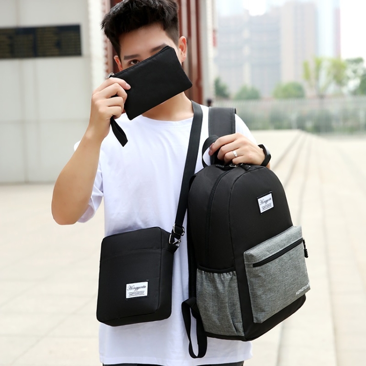 

3 in 1 Color Matching Nylon Double Shoulders Bag Ladies Handbag School Backpack Bag with USB Port (Color:Black Size:OneSize)