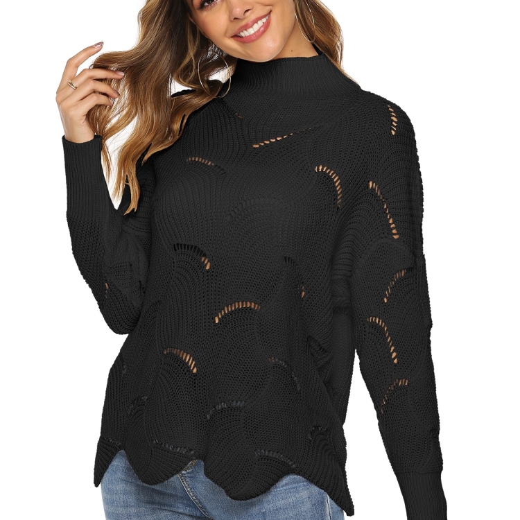 

Women Simple Hollow High Collar Wavy-striped Sweater (Color:Black Size:S)