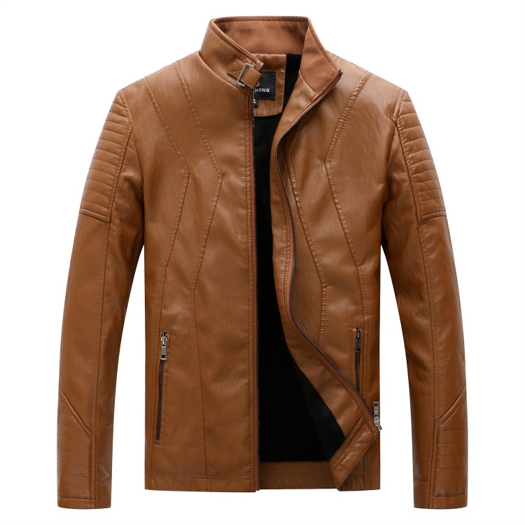 

Men Casual Non-iron Stand Collar PU Leather Jacket (Color:Khaki Size:XL)