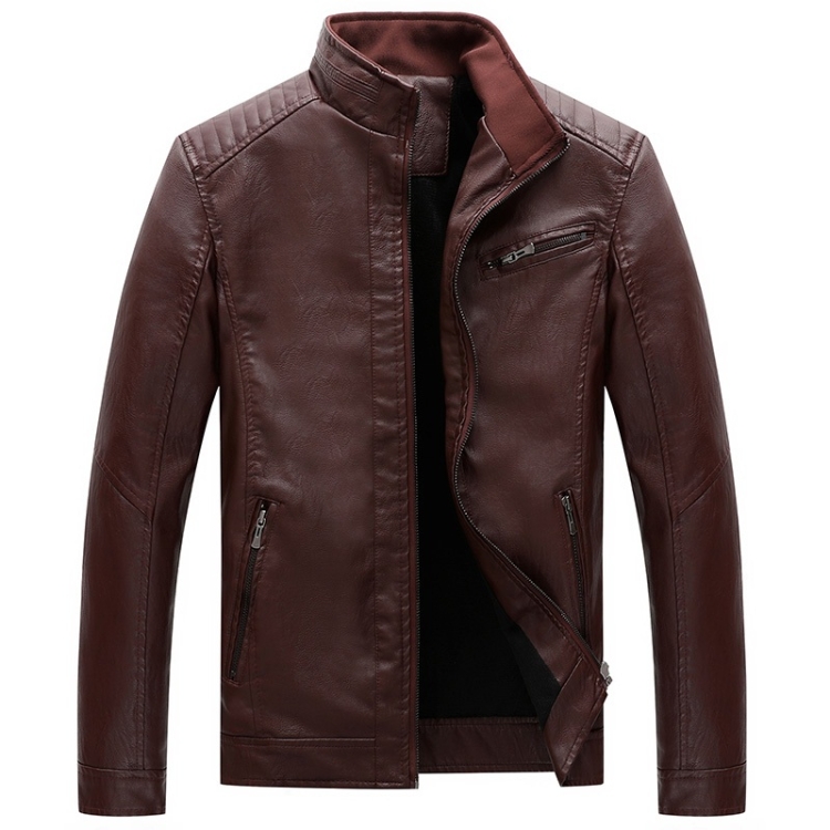 

Men Casual Non-iron Stand Collar PU Leather Jacket(Color:Wine Red Size:L)