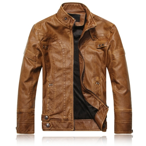 

Men Plus Velvet Fashion Leather Jacket Motorcycle Coat (Color:Khaki Size:5XL)