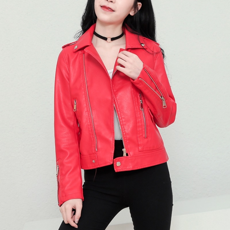 

Women Punk Lapel Leather Jacket (Color:Red Size:XL)