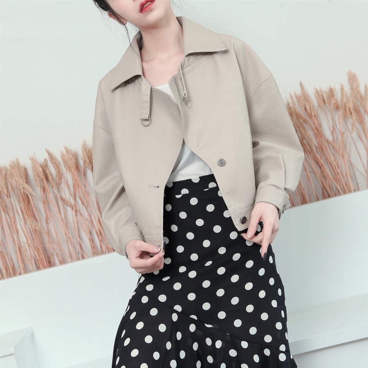 

Women Lapel Loose Motorcycle Leather Jacket (Color:Beige Size:L)