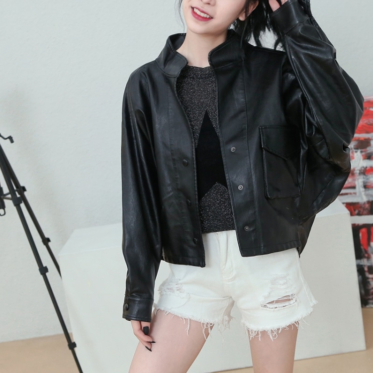 

Punk Temperament Casual Stand Collar Leather Jacket (Color:Black Size:S)