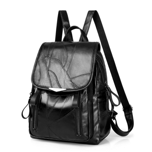 

PU Sheepskin Leather Double Shoulders School Bag Travel Backpack Bag (Black)