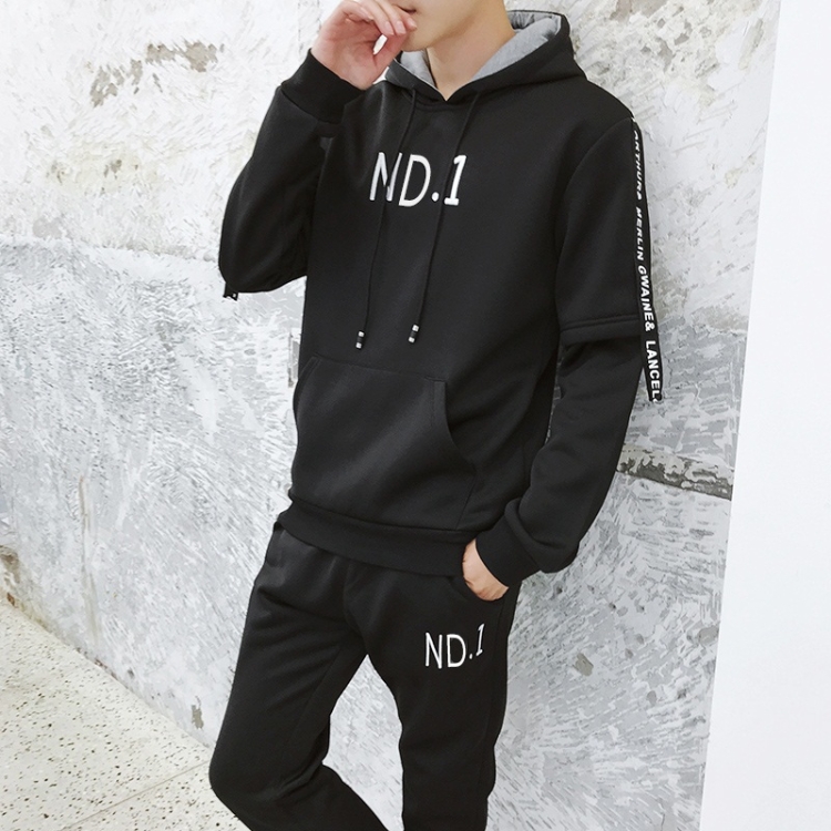 

Spring and Autumn Trend Hooded Two-piece Suit (Color:Black Size:XL)