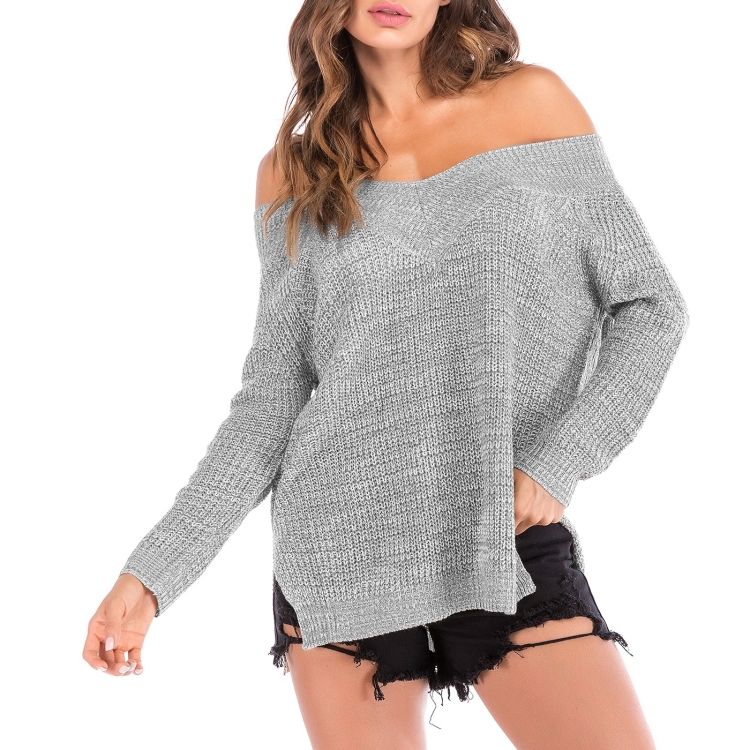 

Solid Color V-neck Tunic (Color:Grey Size:L)