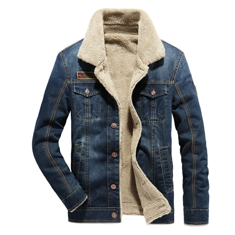 

Men Plus Velvet Thick Warm Lambskin Denim Coat (Color:Dark Blue Size:5XL)
