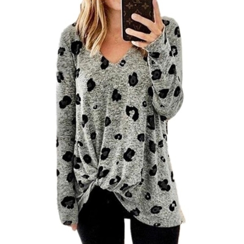 

V-neck Long-sleeved T-shirt Top (Color:Grey Size:XXL)