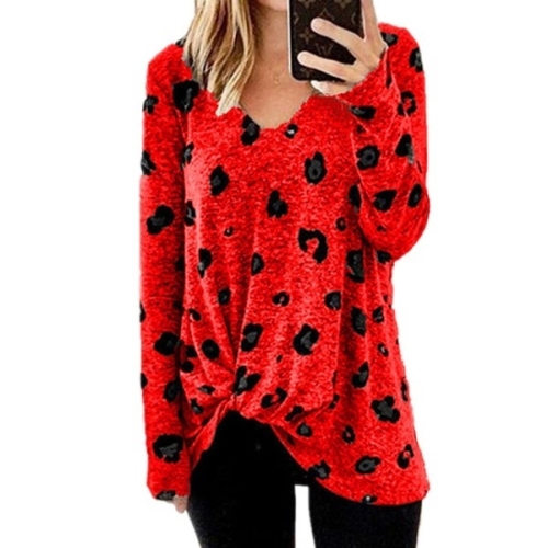 

V-neck Long-sleeved T-shirt Top (Color:Red Size:XXXL)