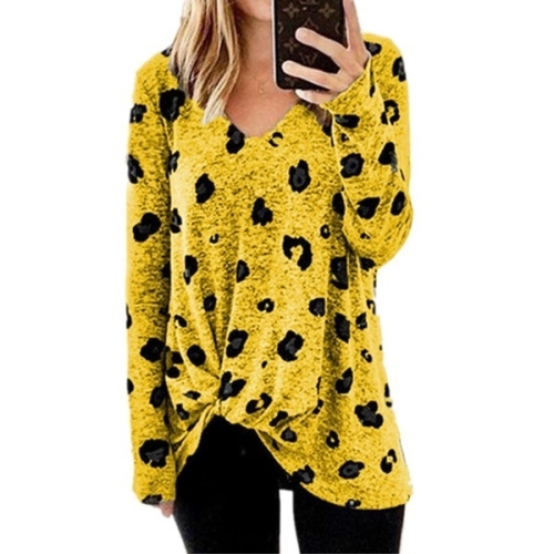 

V-neck Long-sleeved T-shirt Top (Color:Yellow Size:XXL)