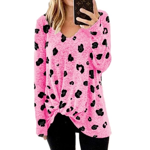 

V-neck Long-sleeved T-shirt Top (Color:Pink Size:XL)