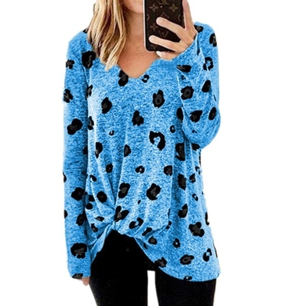 

V-neck Long-sleeved T-shirt Top (Color:Blue Size:S)