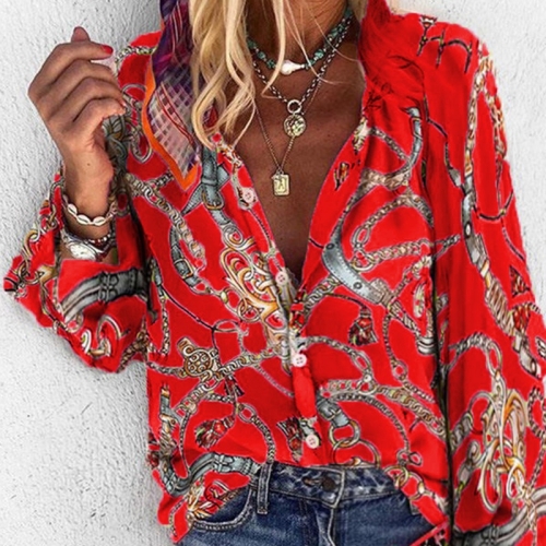 

Women Printed Stand Collar Long Sleeve Casual Shirt (Color:Red Size:S)