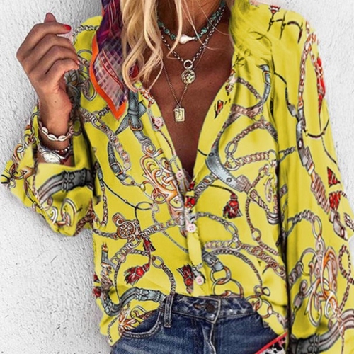 

Women Printed Stand Collar Long Sleeve Casual Shirt (Color:Yellow Size:L)