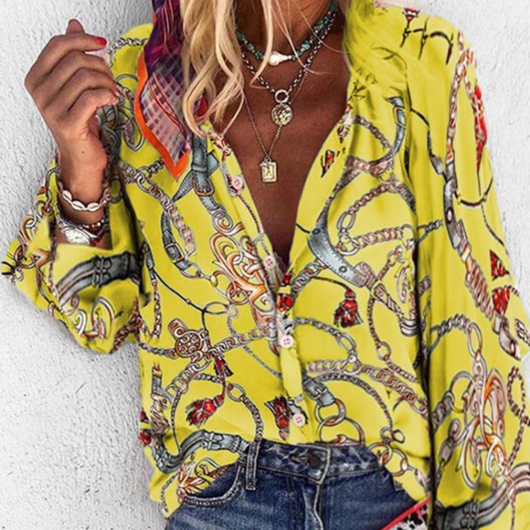 

Women Printed Stand Collar Long Sleeve Casual Shirt (Color:Yellow Size:XXXXL)