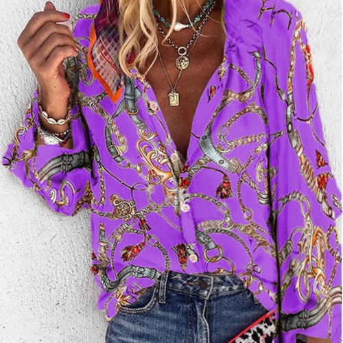 

Women Printed Stand Collar Long Sleeve Casual Shirt (Color:Purple Size:S)