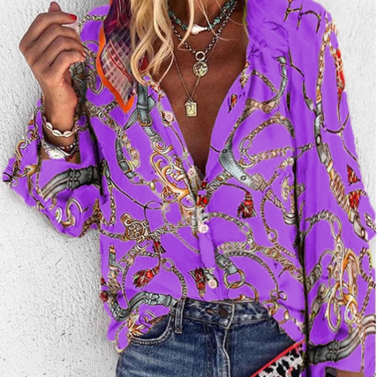 

Women Printed Stand Collar Long Sleeve Casual Shirt (Color:Purple Size:XXXL)