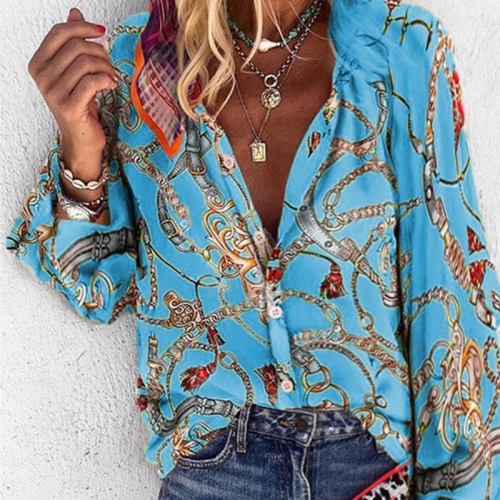 

Women Printed Stand Collar Long Sleeve Casual Shirt (Color:Blue Size:XXXL)