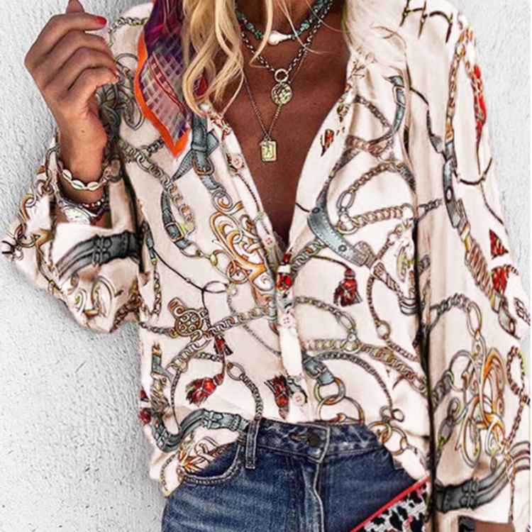

Women Printed Stand Collar Long Sleeve Casual Shirt (Color:Beige Size:L)