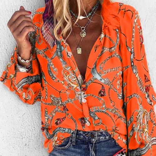 

Women Printed Stand Collar Long Sleeve Casual Shirt (Color:Orange Size:M)