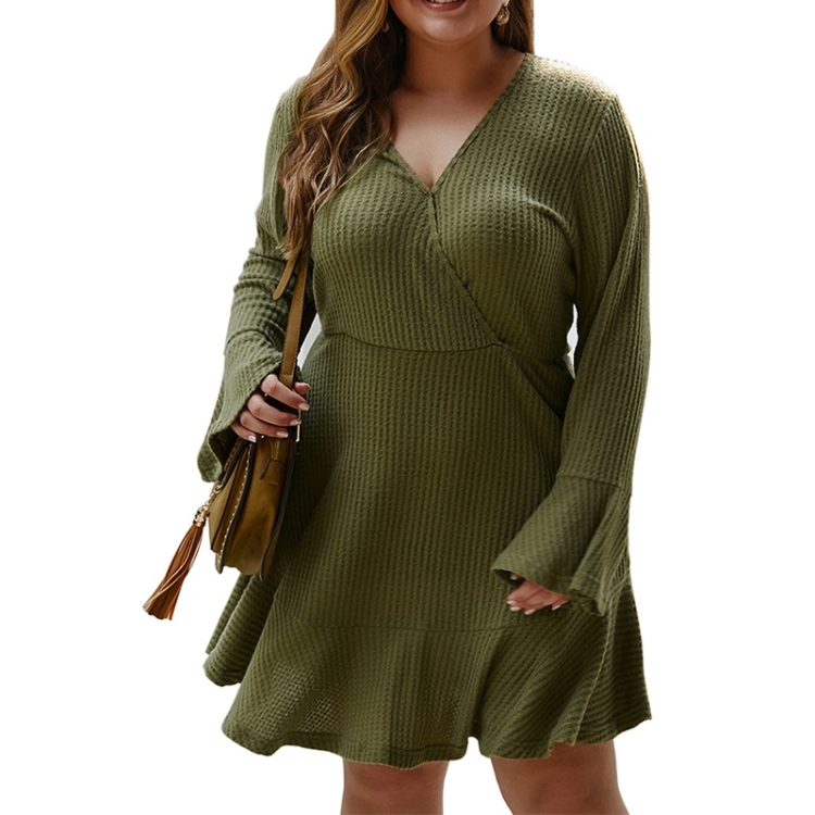 

V-neck Long-sleeved Knit Dress (Color:Army Green Size:4XL)