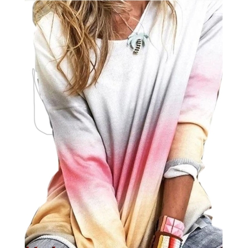 

Women Loose Long-sleeved Shirt Gradient T-shirt (Color:Red Size:XXXXL)