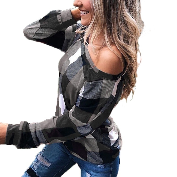 

Off-the-shoulder Plaid Slim Long-sleeved Top (Color:Grey Size:XL)