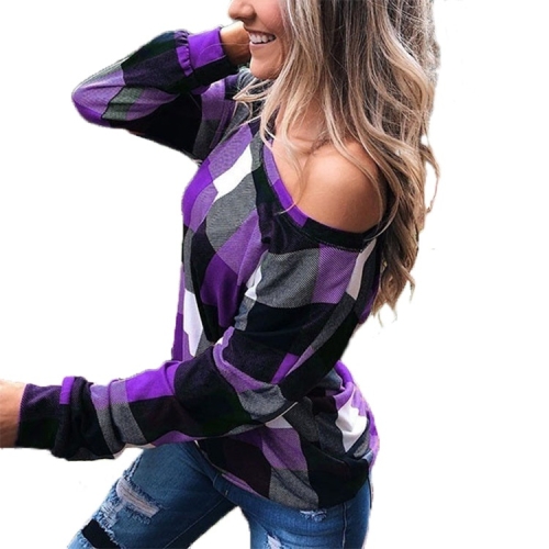 

Off-the-shoulder Plaid Slim Long-sleeved Top (Color:Purple Size:XXL)