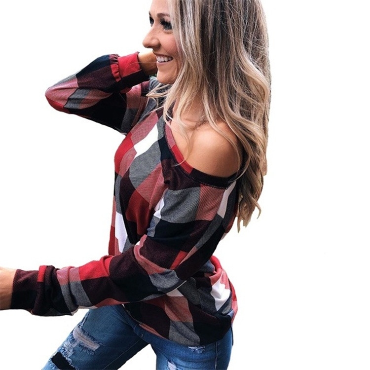 

Off-the-shoulder Plaid Slim Long-sleeved Top (Color:Red Size:XXXXL)