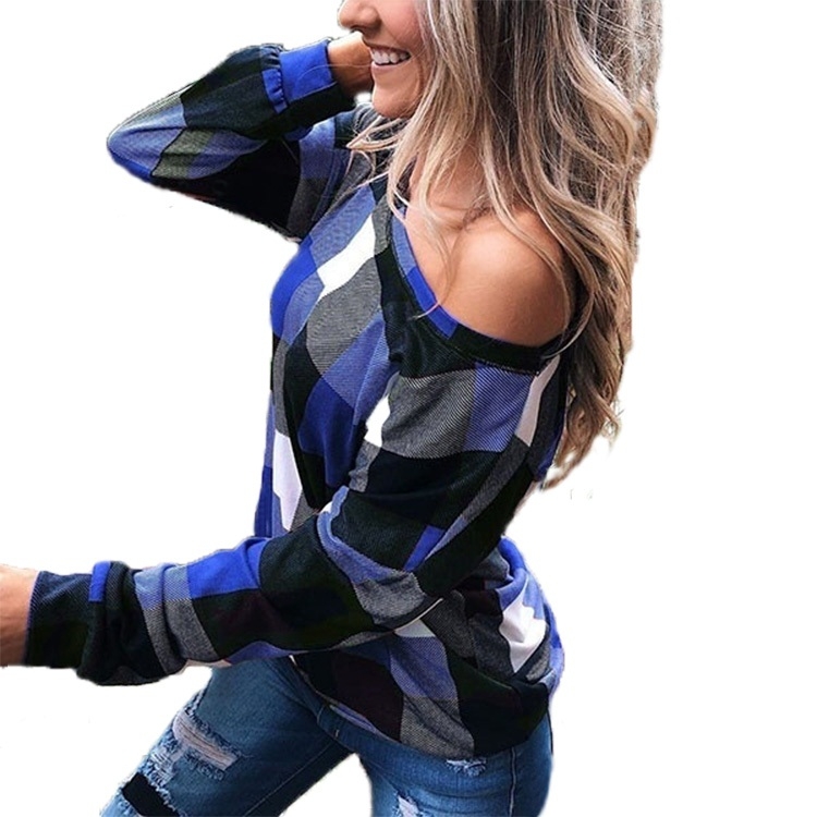 

Off-the-shoulder Plaid Slim Long-sleeved Top (Color:Blue Size:XXXL)