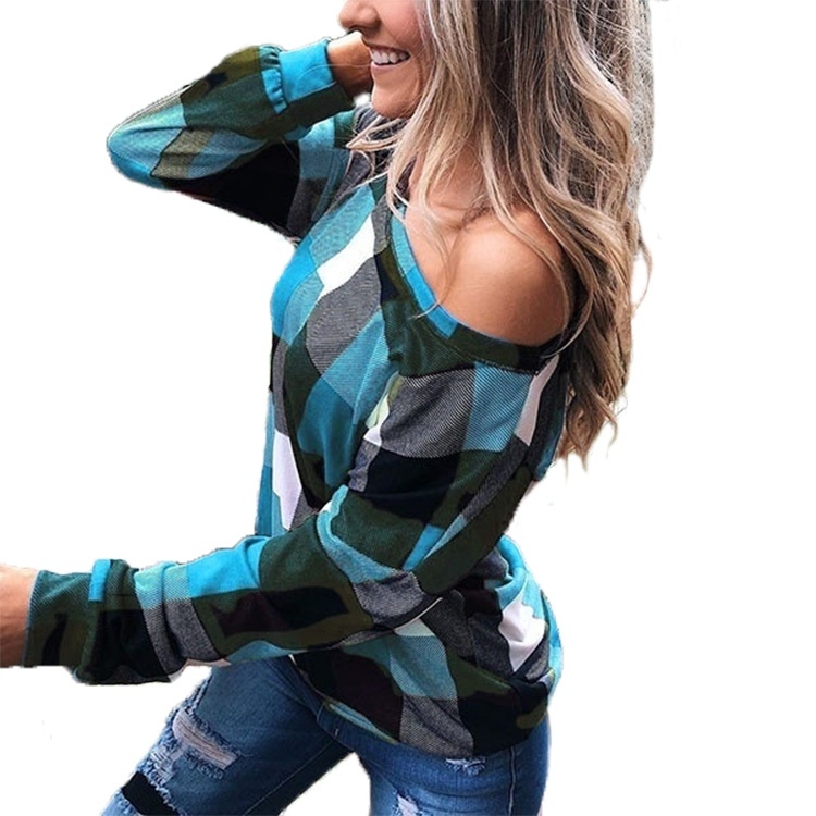 

Off-the-shoulder Plaid Slim Long-sleeved Top (Color:Blue Lake Size:XXXXL)
