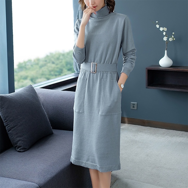 

High Collar Western Style Knit Dress (Color:Grey Green Size:S)