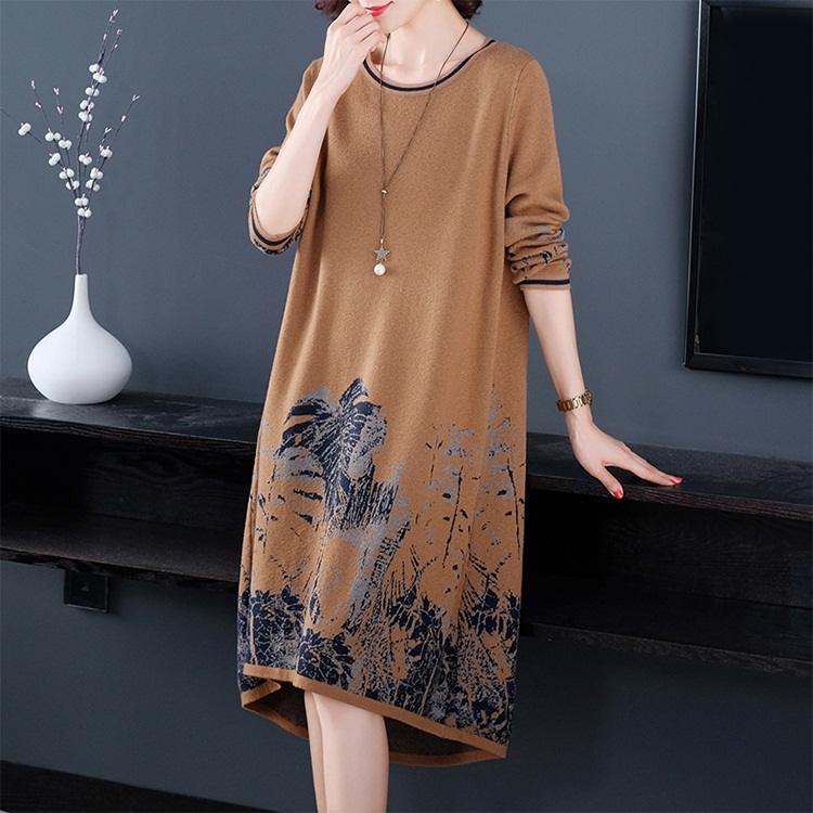 

Round Neck Long Sections Loose Long-sleeved Knit Dress(Color:Camel Size:XXL)