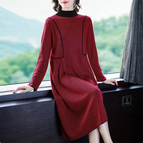 

Long Sections Bottoming Knee Sweater Dress (Color:Red Size:XL)