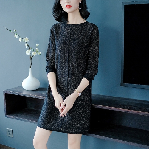 

Flash Silk Long Section Loose Knit Bottoming Dress (Color:Black Size:S)