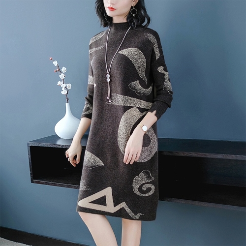 

High-necked Long-sleeved Jacquard Knit Dress(Color:As Show Size:S)